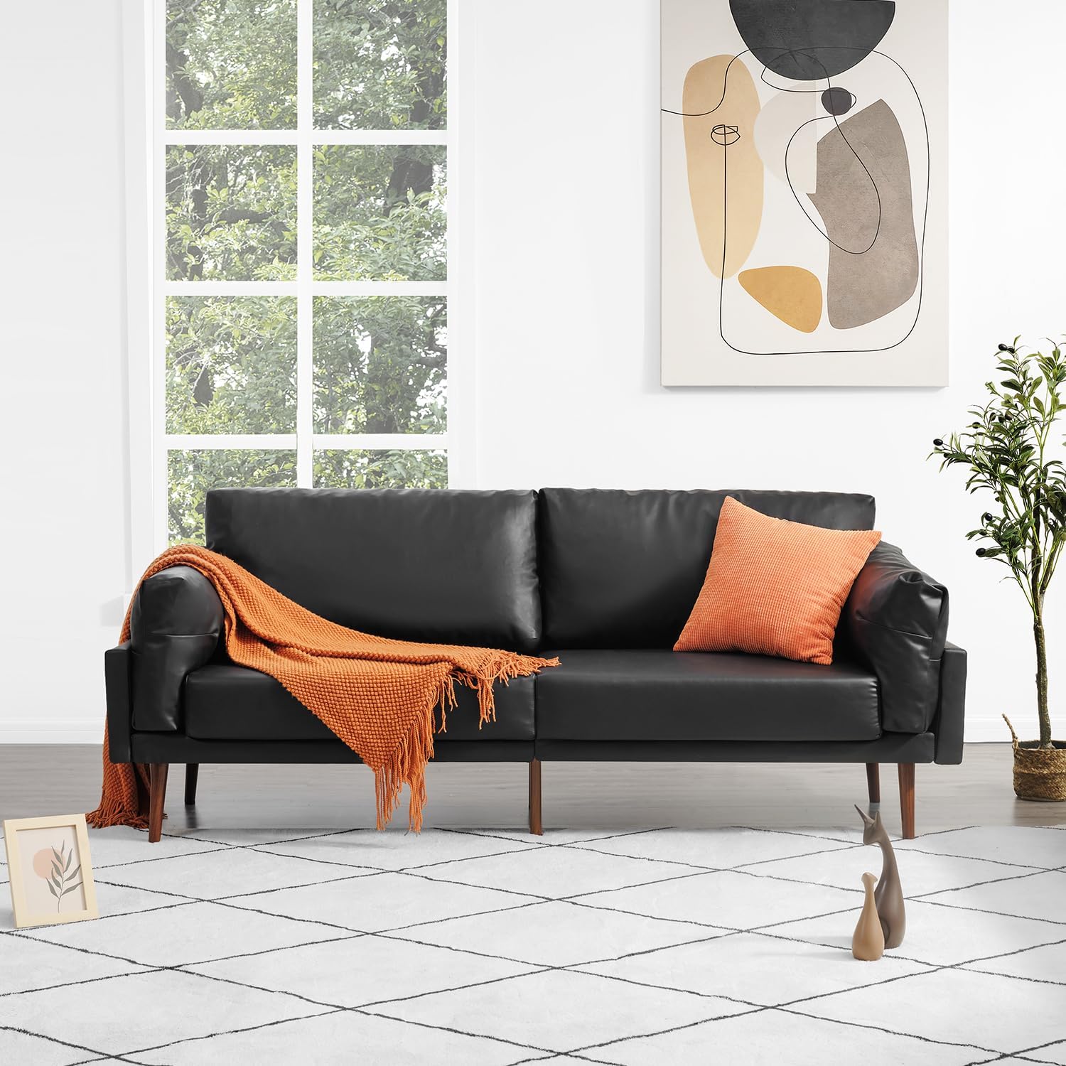 Black Color  3-Seater Modern Sofa Vonanda Faux Leather Couch