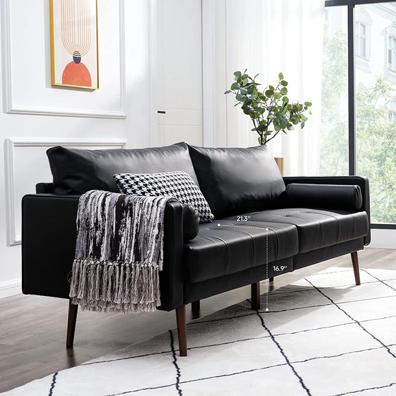 Vonanda Faux Leather Sofa Couch, Mid-Century 73 Inch 3 Seater Leather Couch with Hand-Stitched Comfort Cushion and Bolster Pillows for Living Room