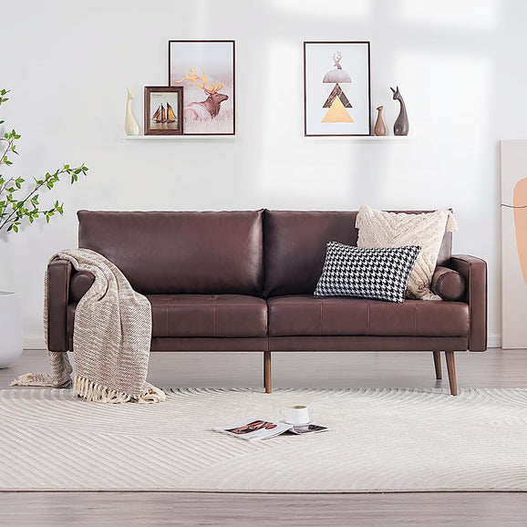 Vonanda Faux Leather Sofa Couch, Mid-Century 73 Inch 3 Seater Leather Couch with Hand-Stitched Comfort Cushion and Bolster Pillows for Living Room