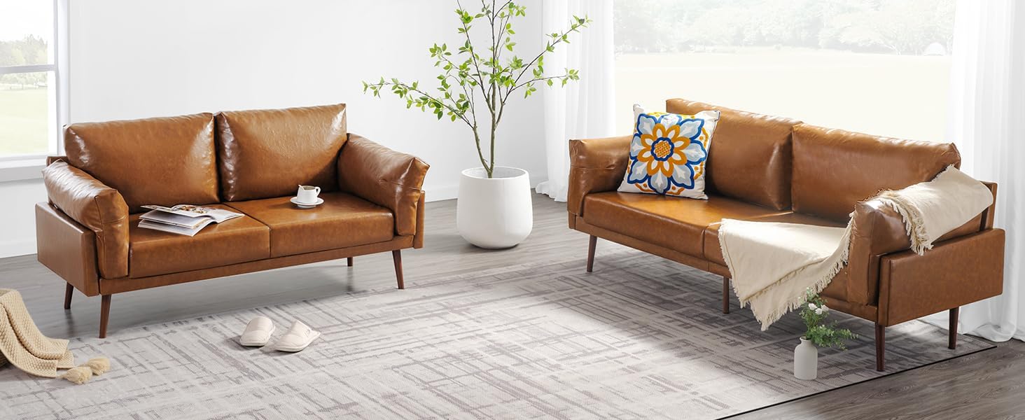 Vonanda Faux Leather Sofa Set, Mid-Century Modern Sofa Couch Sets for Living Room 2 Piece, Living Room Furniture Set with 3 Seater Couch and 2 Seater Couch, Brown Couches, Caramel