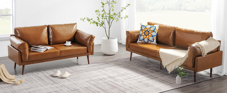 Vonanda Faux Leather Sofa Set, Mid-Century Modern Sofa Couch Sets for Living Room 2 Piece, Living Room Furniture Set with 3 Seater Couch and 2 Seater Couch, Brown Couches, Caramel