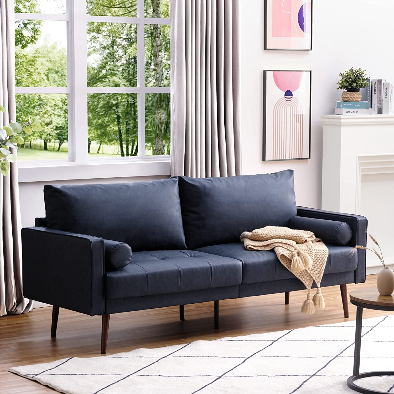 Vonanda Faux Leather Sofa Couch, Mid-Century 73 Inch 3 Seater Leather Couch with Hand-Stitched Comfort Cushion and Bolster Pillows for Living Room