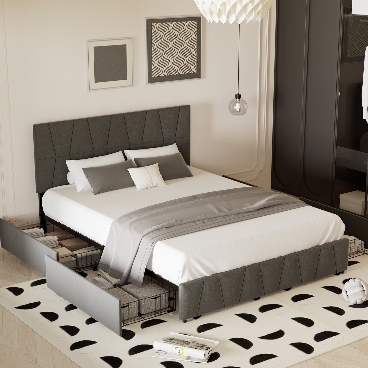 Upholstered Platform with Headboard and 4 Storage Drawers,Trapezoidal-Stitched Bed Base with Wooden Slates Support, No Box Spring Needed