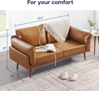 Caramel Color 2-Seater Modern Sofa Couch Vonanda Faux Leather Loveseat 