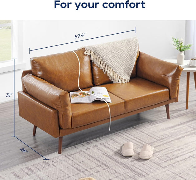 Caramel Color 2-Seater Modern Sofa Couch Vonanda Faux Leather Loveseat 