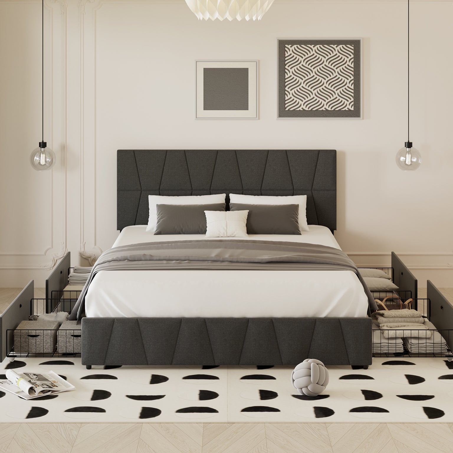 Upholstered Platform with Headboard and 4 Storage Drawers,Trapezoidal-Stitched Bed Base with Wooden Slates Support, No Box Spring Needed