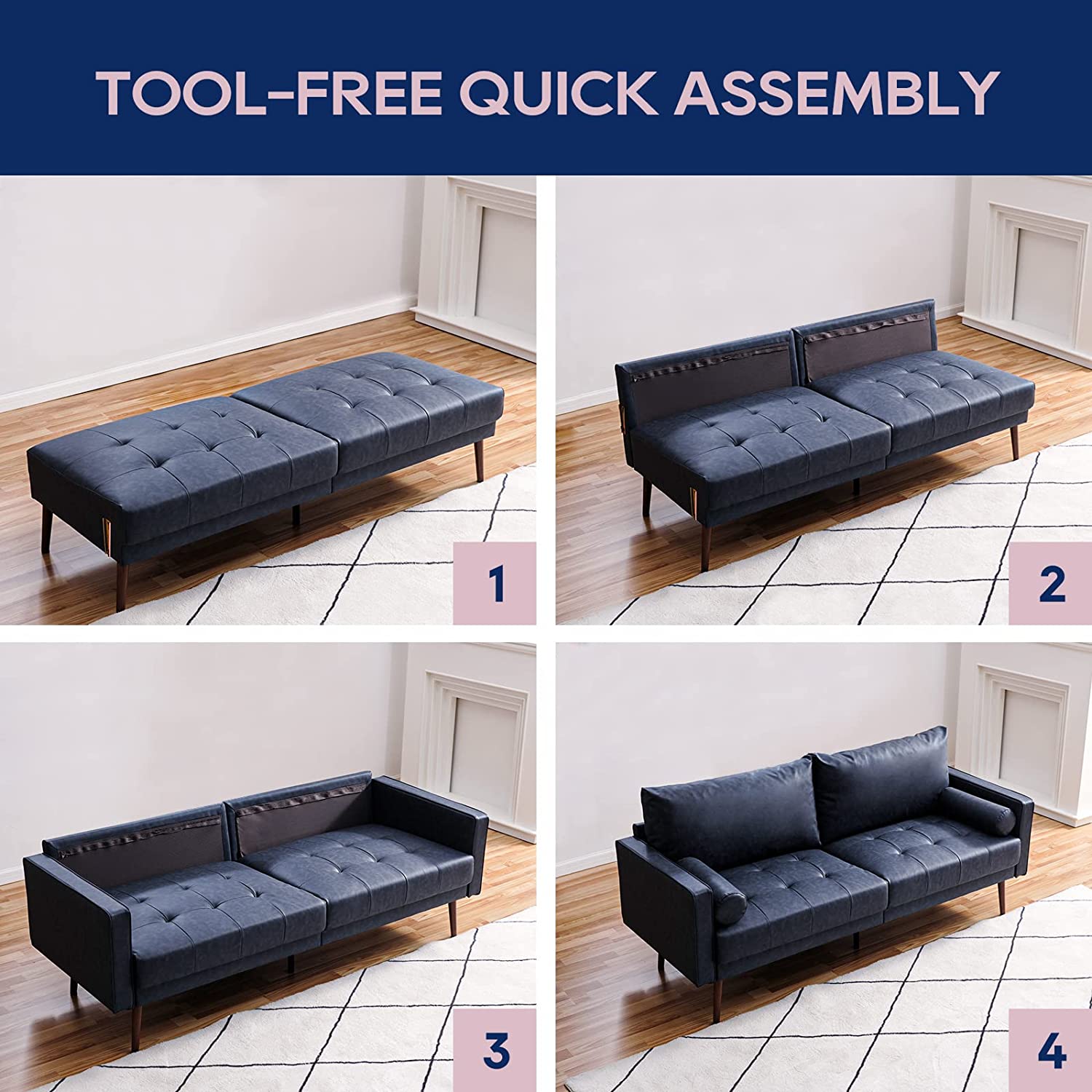 73 Inch 3-Seater Sofa Couch Hand-Stitched Cushion & Pillows | Vonanda