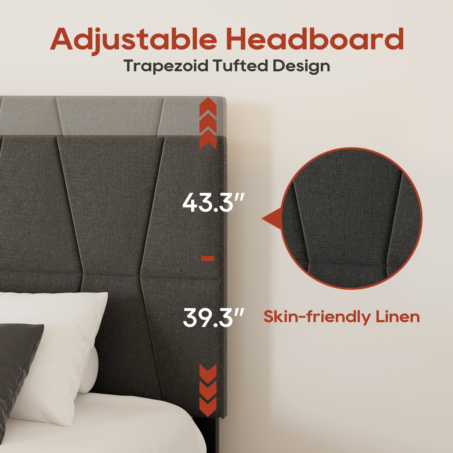 Upholstered Platform with Headboard and 4 Storage Drawers,Trapezoidal-Stitched Bed Base with Wooden Slates Support, No Box Spring Needed