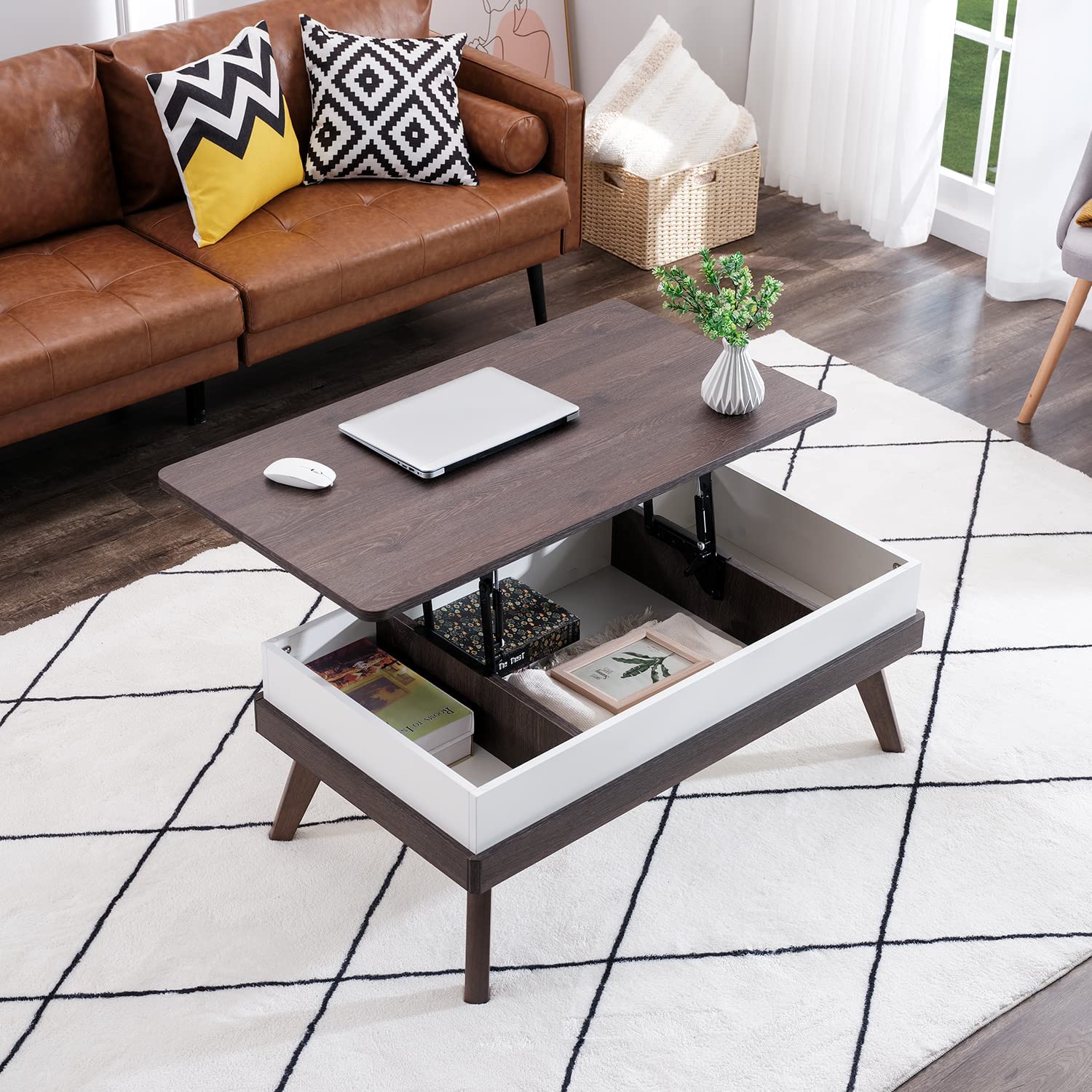 Bidiso Lift Top Coffee Table, Easy-to-Assembly Center Table, Hidden Storage Compartment, Modern Lift Tabletop Dining Table