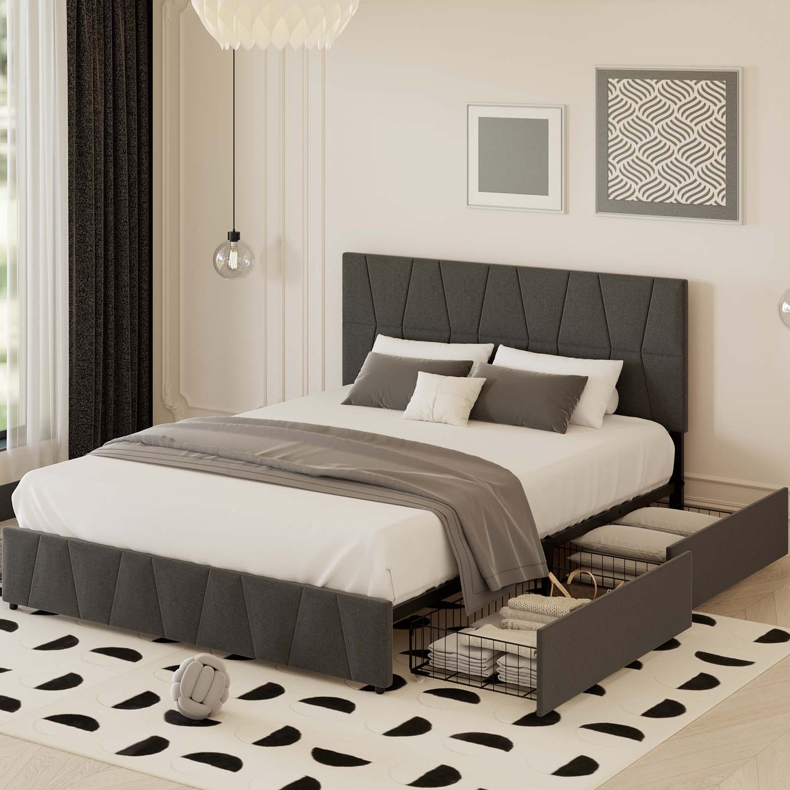 Upholstered Platform with Headboard and 4 Storage Drawers,Trapezoidal-Stitched Bed Base with Wooden Slates Support, No Box Spring Needed
