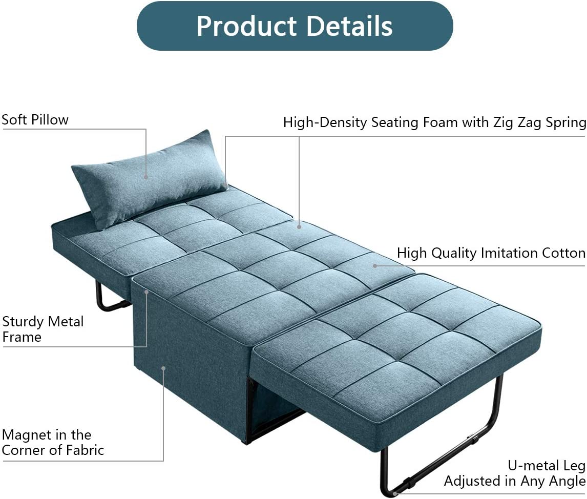 Vonanda Sofa Bed, Convertible Chair 4 in 1 Multi-Function Folding Ottoman Modern Breathable Linen Guest Bed with Adjustable Sleeper