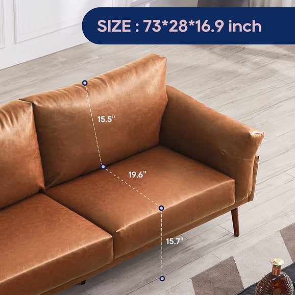 Vonanda Mid-Century Modern Sofa, Upholstered Faux Leather 3-seat Couch with Round Arms and Metal Legs for Small Living Room Apartment Dorm