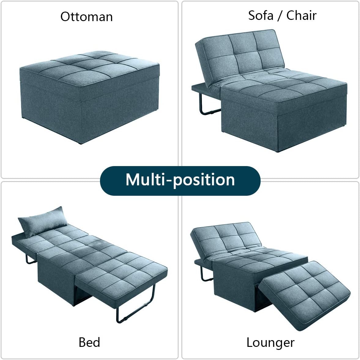 Vonanda Sofa Bed, Convertible Chair 4 in 1 Multi-Function Folding Ottoman Modern Breathable Linen Guest Bed with Adjustable Sleeper