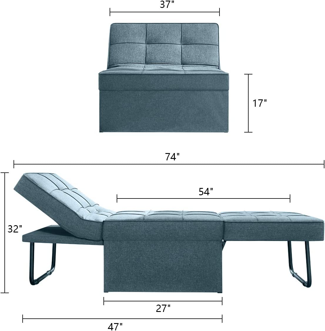 Vonanda Sofa Bed, Convertible Chair 4 in 1 Multi-Function Folding Ottoman Modern Breathable Linen Guest Bed with Adjustable Sleeper